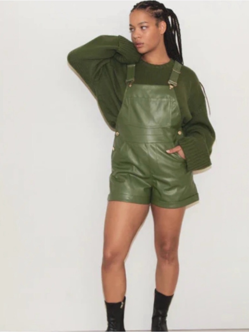 WeWoreWhat Olive Green Vegan Leather Short Overalls